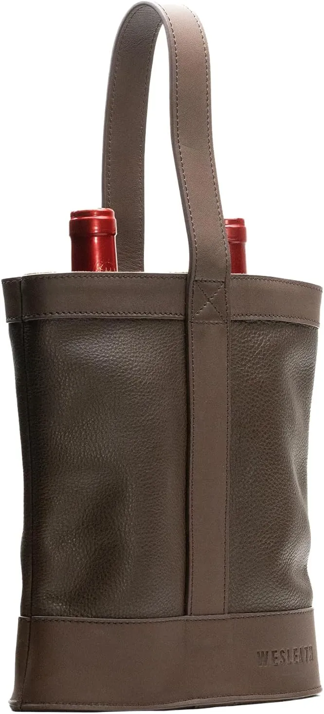 Double Wine Carrier Bag – Leather Wine Tote for Two Bottles with Handles & Metal Buckle – Protective Carrier for Picnic, Wine Champagne Gift Bag (Moka)