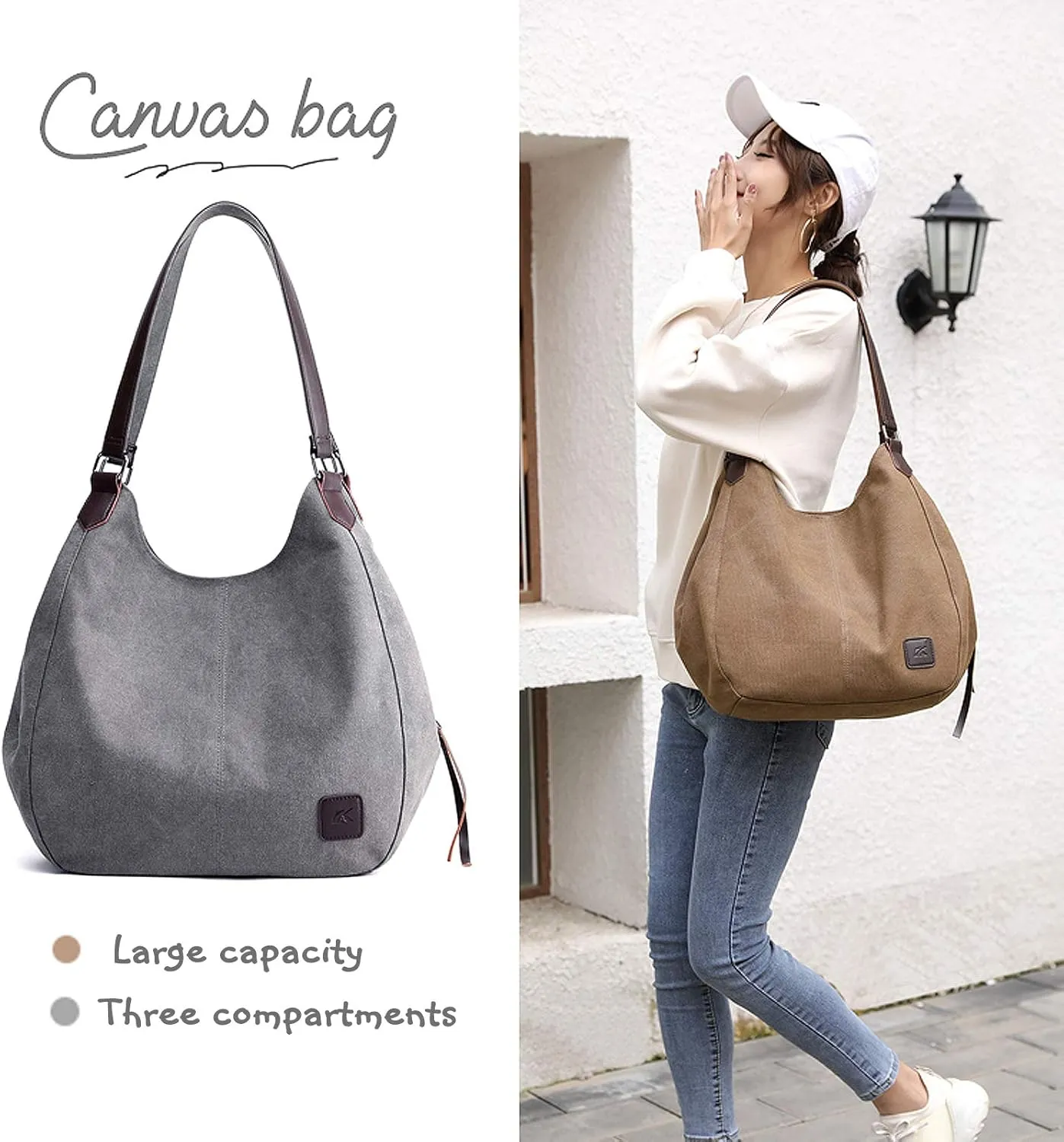 DOURR Women's Multi-pocket Shoulder Bag Fashion Cotton Canvas Handbag Tote Purse