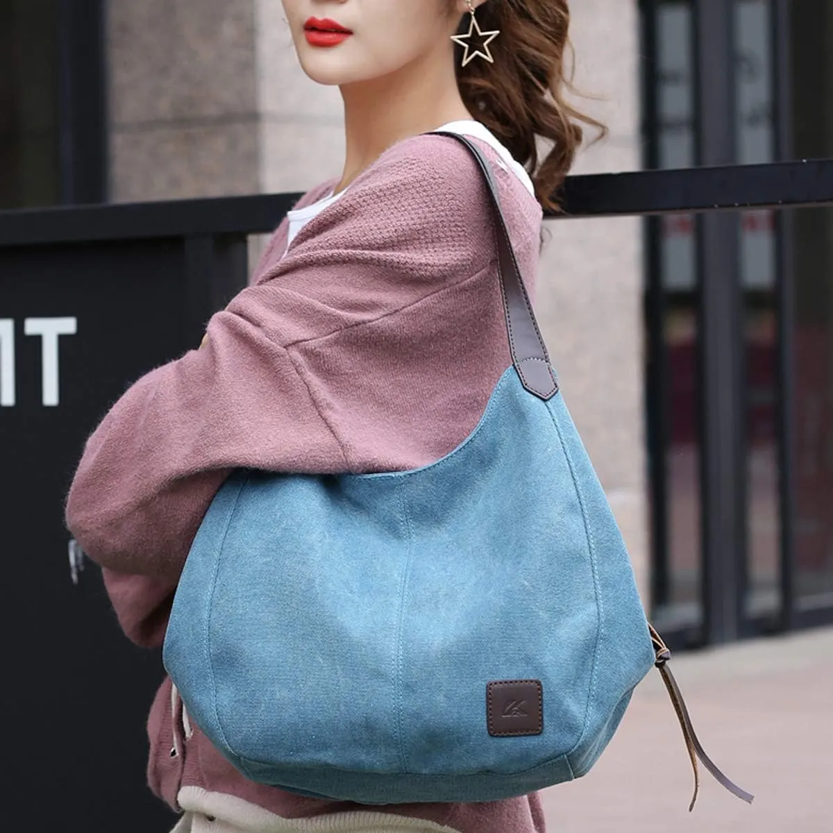 DOURR Women's Multi-pocket Shoulder Bag Fashion Cotton Canvas Handbag Tote Purse