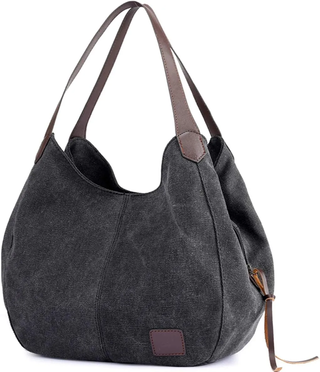 DOURR Women's Multi-pocket Shoulder Bag Fashion Cotton Canvas Handbag Tote Purse