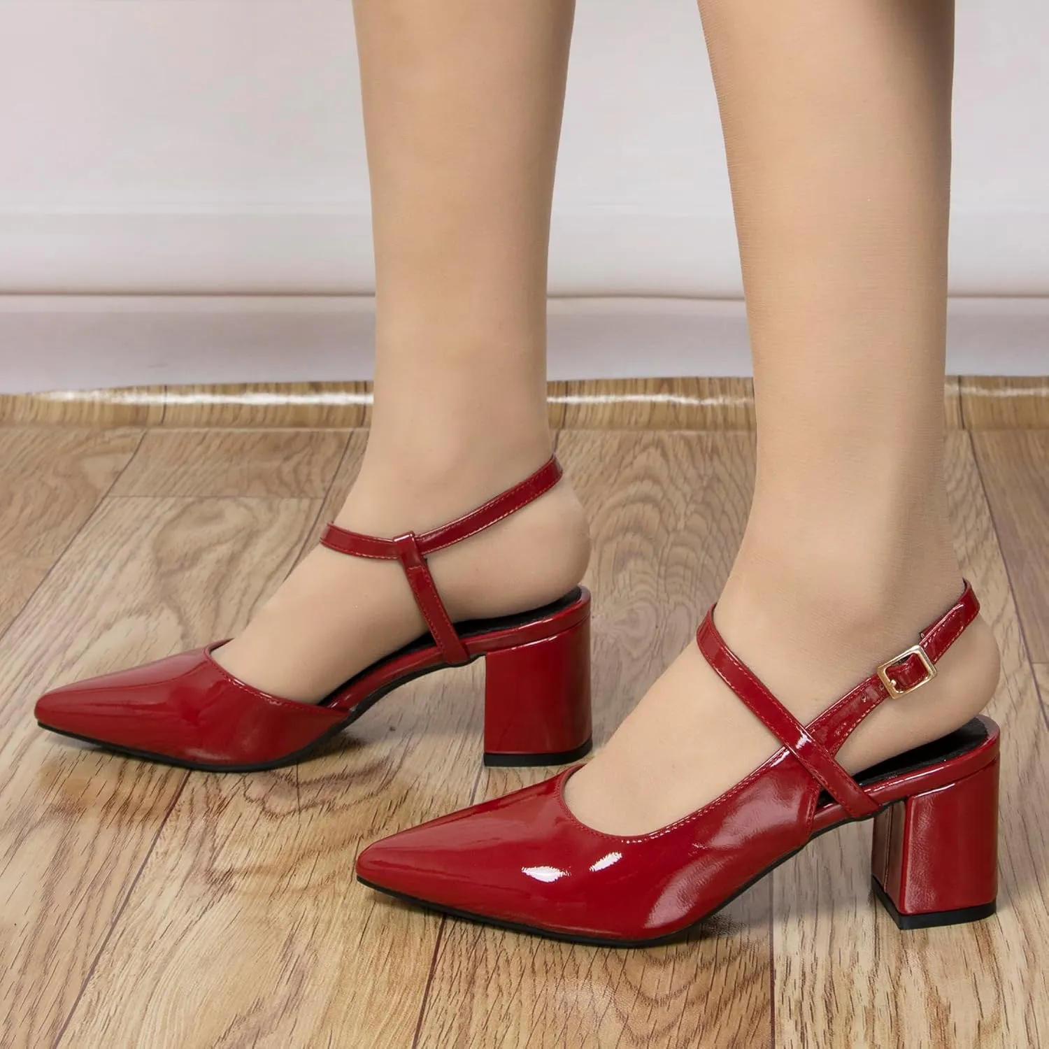 Dressy Comfortable Strappy Heels for Women Closed Pointy Toe 2.4 Inch Red Low Chunky Block Pumps Women's Sling Back Shoes with Cross Ankle Strap Prom Heels