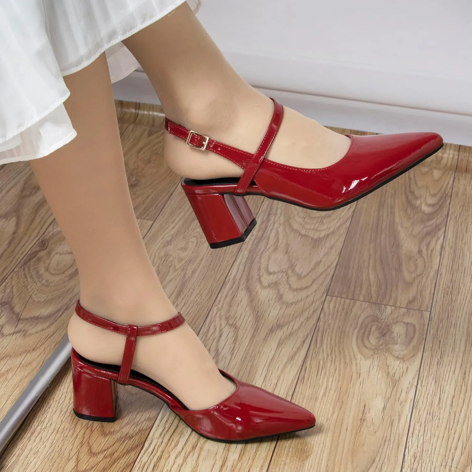 Dressy Comfortable Strappy Heels for Women Closed Pointy Toe 2.4 Inch Red Low Chunky Block Pumps Women's Sling Back Shoes with Cross Ankle Strap Prom Heels
