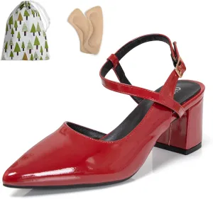 Dressy Comfortable Strappy Heels for Women Closed Pointy Toe 2.4 Inch Red Low Chunky Block Pumps Women's Sling Back Shoes with Cross Ankle Strap Prom Heels