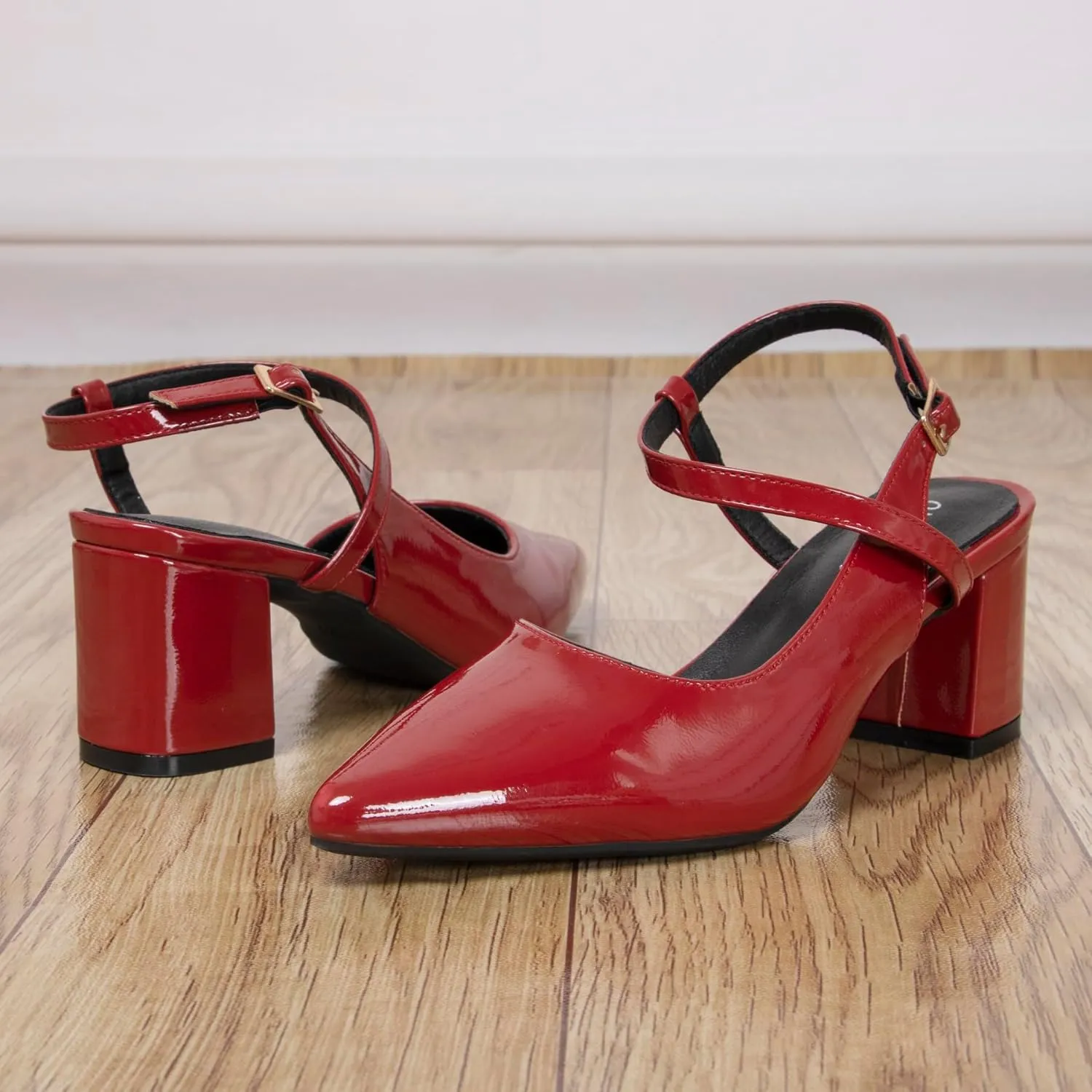 Dressy Comfortable Strappy Heels for Women Closed Pointy Toe 2.4 Inch Red Low Chunky Block Pumps Women's Sling Back Shoes with Cross Ankle Strap Prom Heels