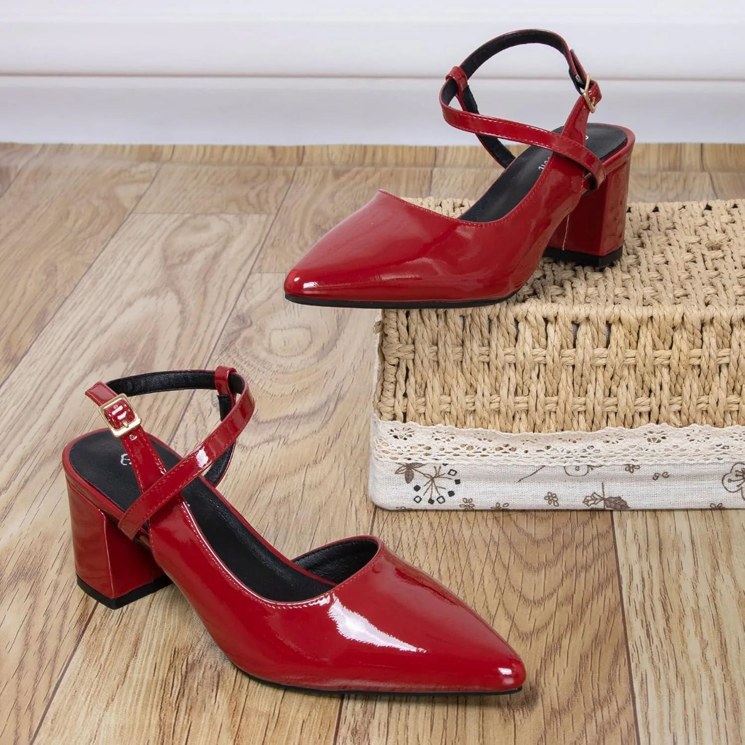 Dressy Comfortable Strappy Heels for Women Closed Pointy Toe 2.4 Inch Red Low Chunky Block Pumps Women's Sling Back Shoes with Cross Ankle Strap Prom Heels