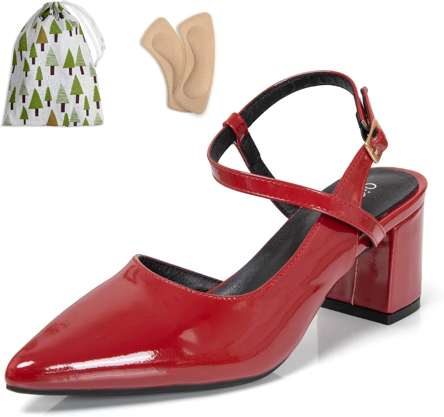 Dressy Comfortable Strappy Heels for Women Closed Pointy Toe 2.4 Inch Red Low Chunky Block Pumps Women's Sling Back Shoes with Cross Ankle Strap Prom Heels
