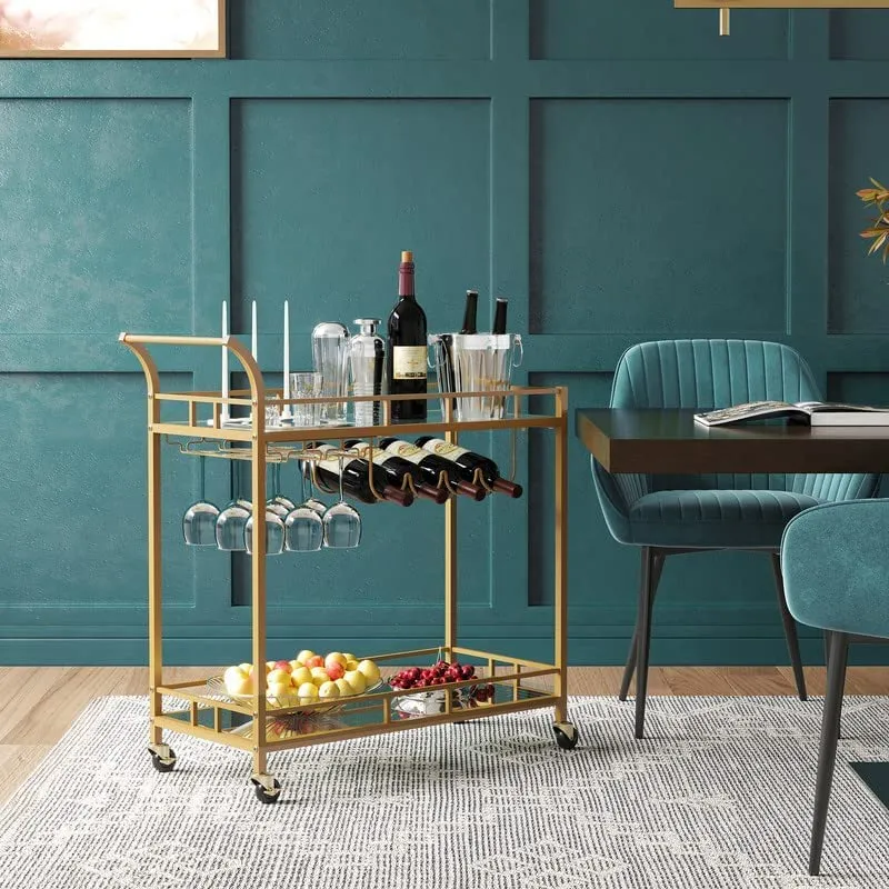 Drinks Trolley Cart With Wine Holders - Gold