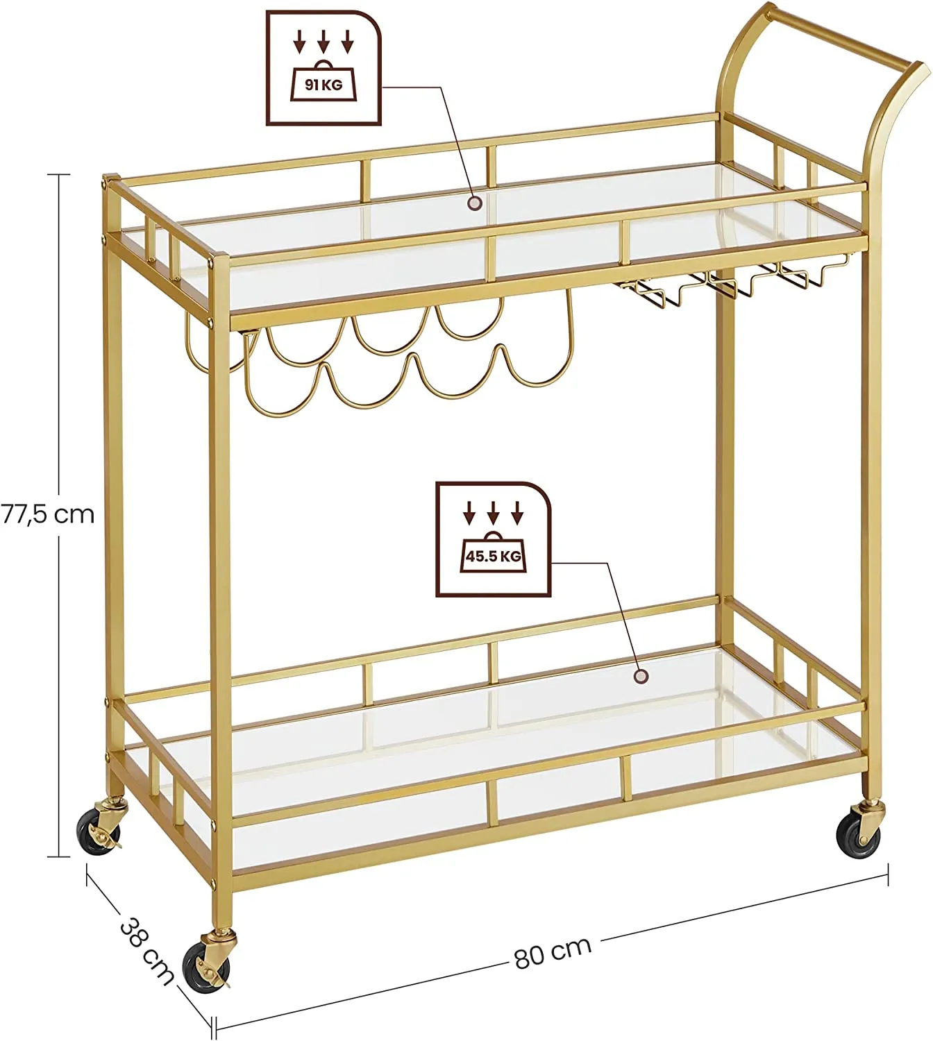 Drinks Trolley Cart With Wine Holders - Gold