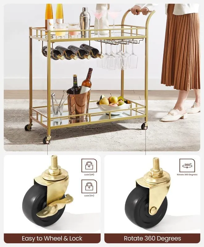 Drinks Trolley Cart With Wine Holders - Gold