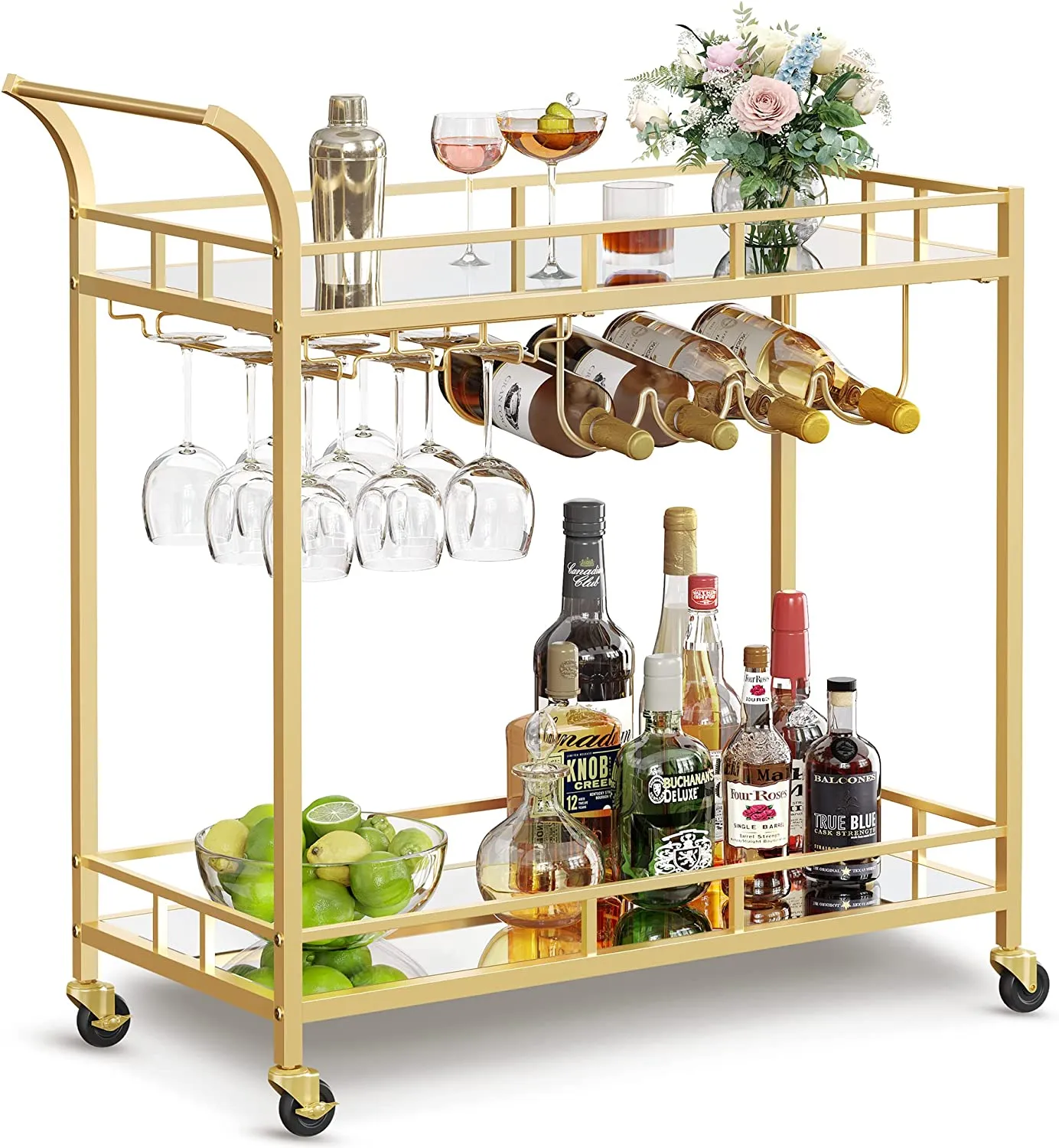 Drinks Trolley Cart With Wine Holders - Gold