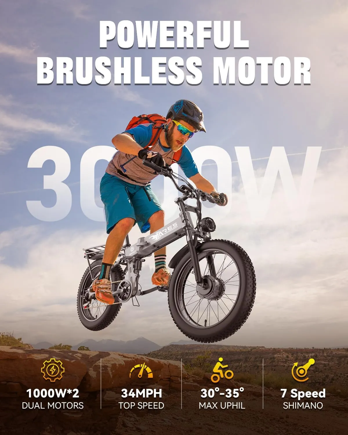 Dual Motor Folding Electric Bike Adults 3000W Peak | 52V 25AH Removable Battery | 24" Fat Tire Mountain Ebike | 32mph 7 Speed Gears | Adjustable Seat & Suspension | Commuter Electric Bicycle