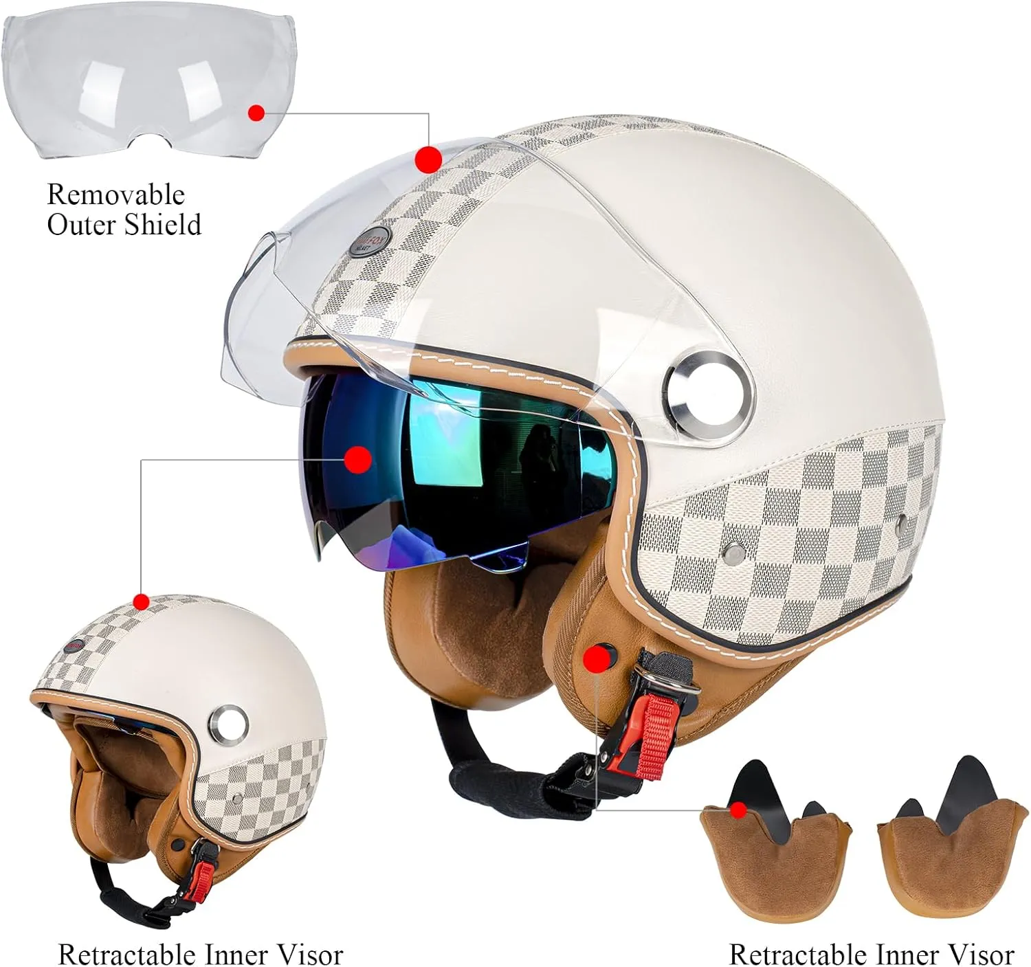 Dual Visor 3/4 Open Face Motorcycle Helmet for Men & Women, DOT Approved Unisex Retro Half Helmet，Motorbike Casco for Moped Cruiser Bobber and Chopper