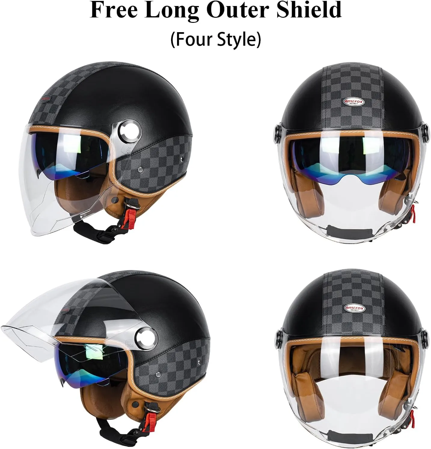 Dual Visor 3/4 Open Face Motorcycle Helmet for Men & Women, DOT Approved Unisex Retro Half Helmet，Motorbike Casco for Moped Cruiser Bobber and Chopper