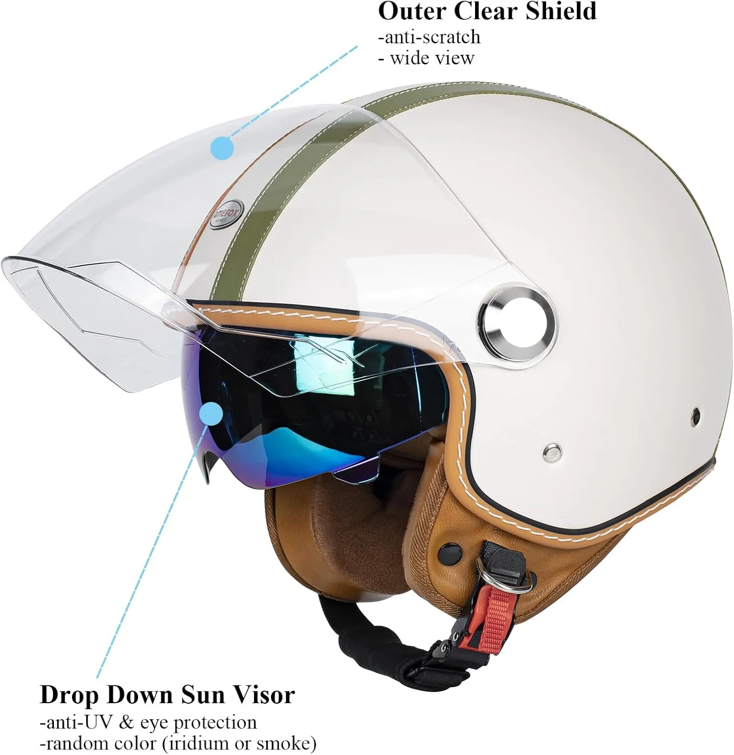 Dual Visor 3/4 Open Face Motorcycle Helmet for Men & Women, DOT Approved Unisex Retro Half Helmet，Motorbike Casco for Moped Cruiser Bobber and Chopper