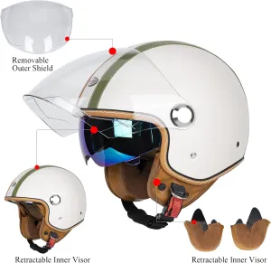 Dual Visor 3/4 Open Face Motorcycle Helmet for Men & Women, DOT Approved Unisex Retro Half Helmet，Motorbike Casco for Moped Cruiser Bobber and Chopper