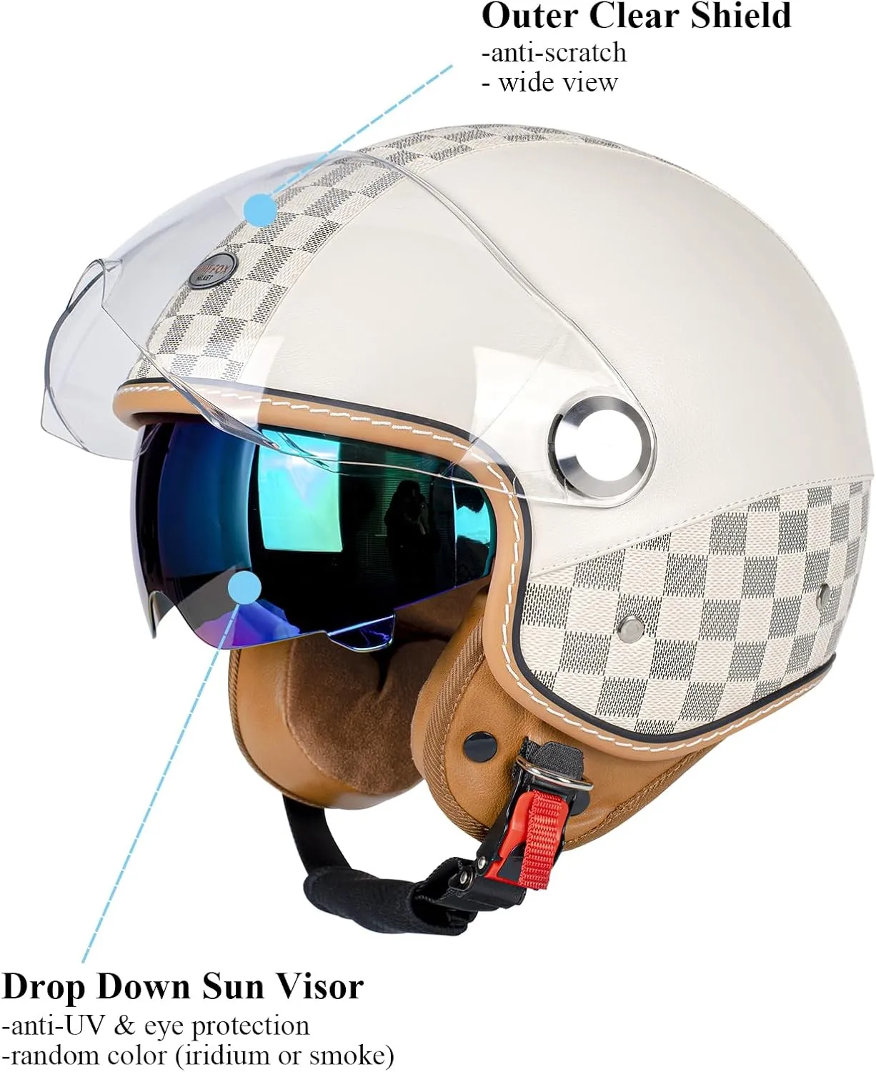 Dual Visor 3/4 Open Face Motorcycle Helmet for Men & Women, DOT Approved Unisex Retro Half Helmet，Motorbike Casco for Moped Cruiser Bobber and Chopper
