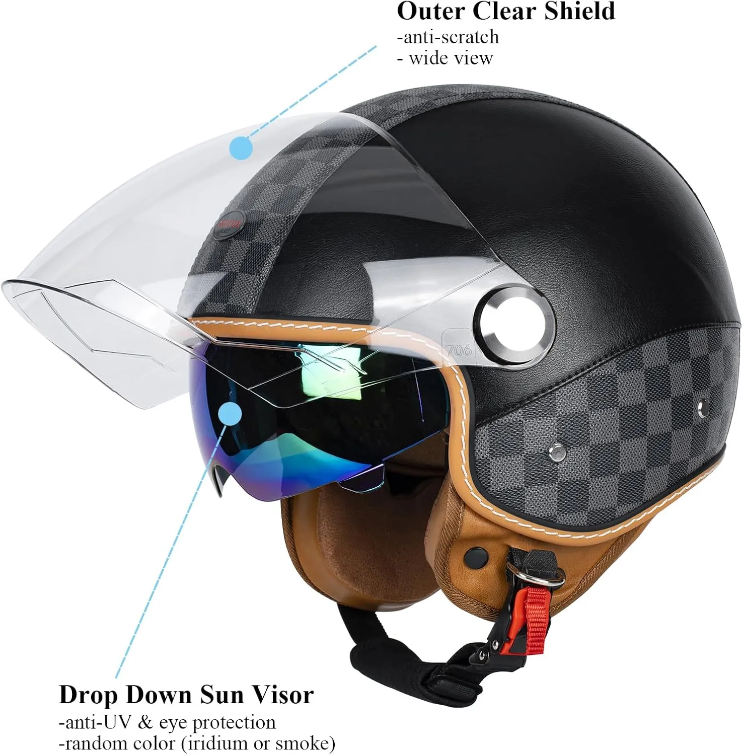 Dual Visor 3/4 Open Face Motorcycle Helmet for Men & Women, DOT Approved Unisex Retro Half Helmet，Motorbike Casco for Moped Cruiser Bobber and Chopper