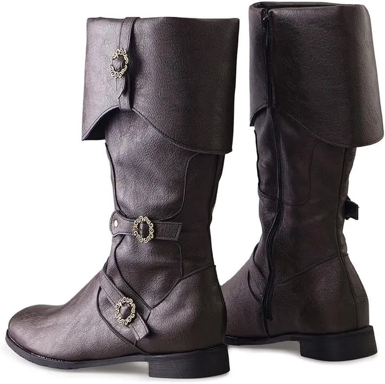 DUNHAO COS Men's Faux Leather Medieval Boots Viking Pirate Costume Boots Renaissance Faire Cosplay Shoes
