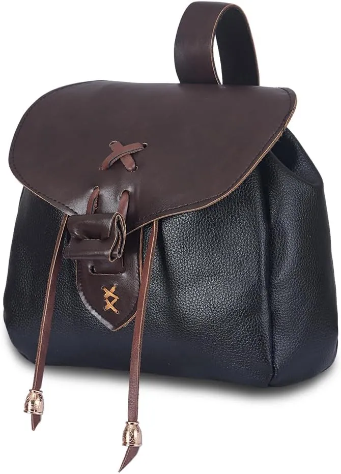 DUNHAO COS Renaissance Belt Pouch Medieval Costume Accessory Leather Drawstring Coin Purse LARP Waist Bag Black