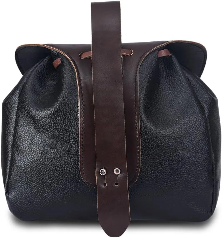 DUNHAO COS Renaissance Belt Pouch Medieval Costume Accessory Leather Drawstring Coin Purse LARP Waist Bag Black