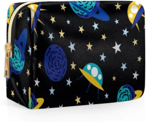 Earth And Spacecraft Travel Makeup Bag Cosmetic Bags for Women Durable Portable Leather Waterproof Small Makeup Bag with 4 Pock for Christmas Birthday Gifts