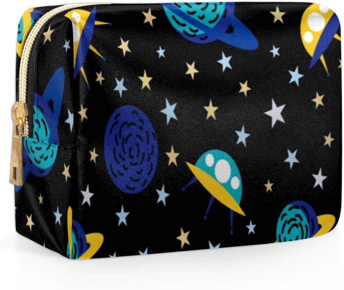 Earth And Spacecraft Travel Makeup Bag Cosmetic Bags for Women Durable Portable Leather Waterproof Small Makeup Bag with 4 Pock for Christmas Birthday Gifts