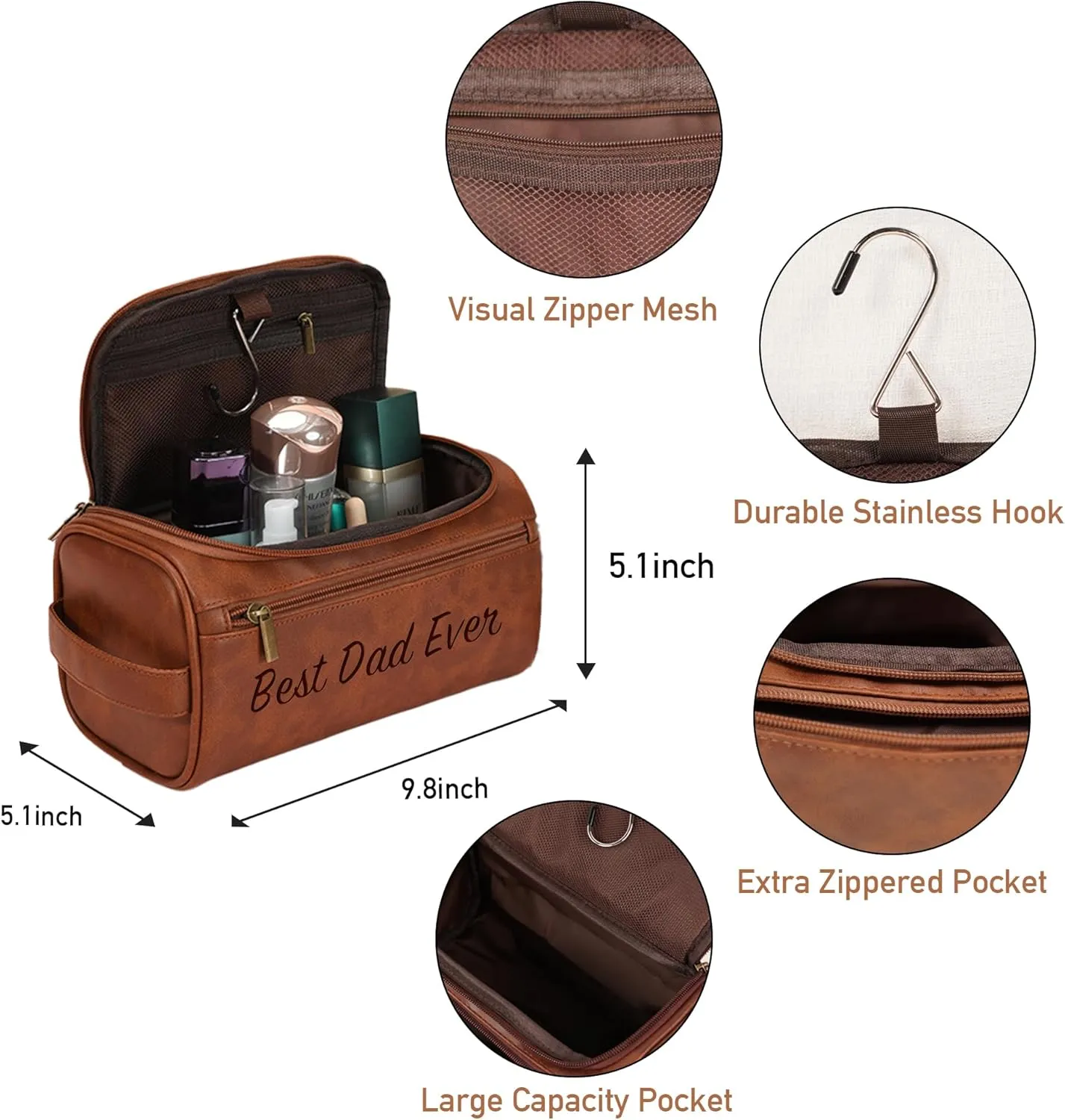Easycosy Personalized Toiletry Bag for Men, Leather Men's Toiletry Bag for Traveling Engraved with Name & Text Customized Independence Day Gifts for Men Husband Dad