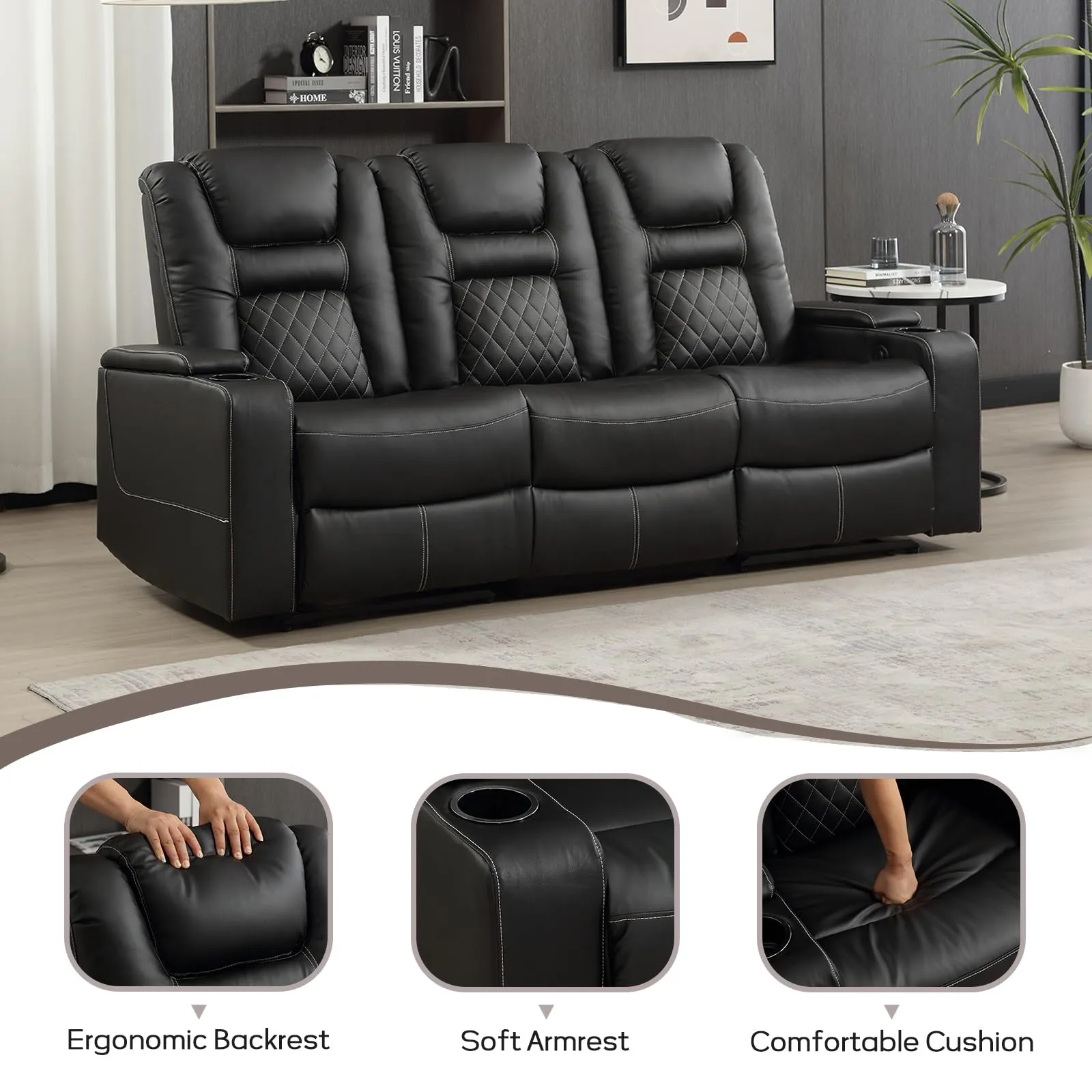 EBELLO Home Theater Seats, Faux Leather Movie 3 Seat Recliner Sofa with Hidden Arm Storage, Power Gaming Reclining Sofa with USB Charge and Cup Holders