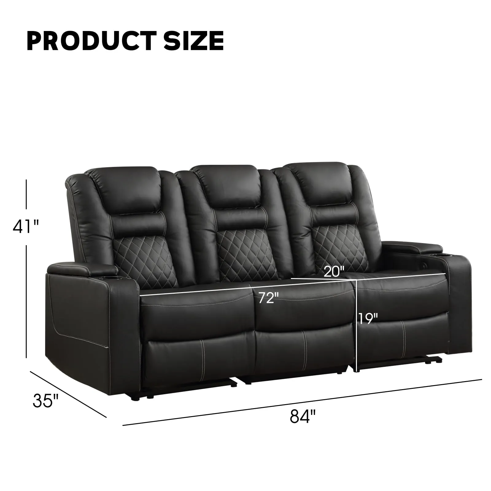 EBELLO Home Theater Seats, Faux Leather Movie 3 Seat Recliner Sofa with Hidden Arm Storage, Power Gaming Reclining Sofa with USB Charge and Cup Holders
