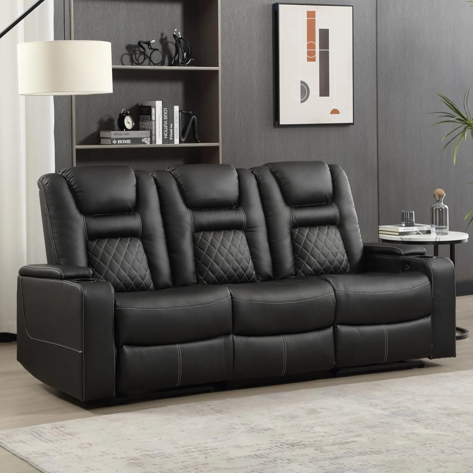 EBELLO Home Theater Seats, Faux Leather Movie 3 Seat Recliner Sofa with Hidden Arm Storage, Power Gaming Reclining Sofa with USB Charge and Cup Holders