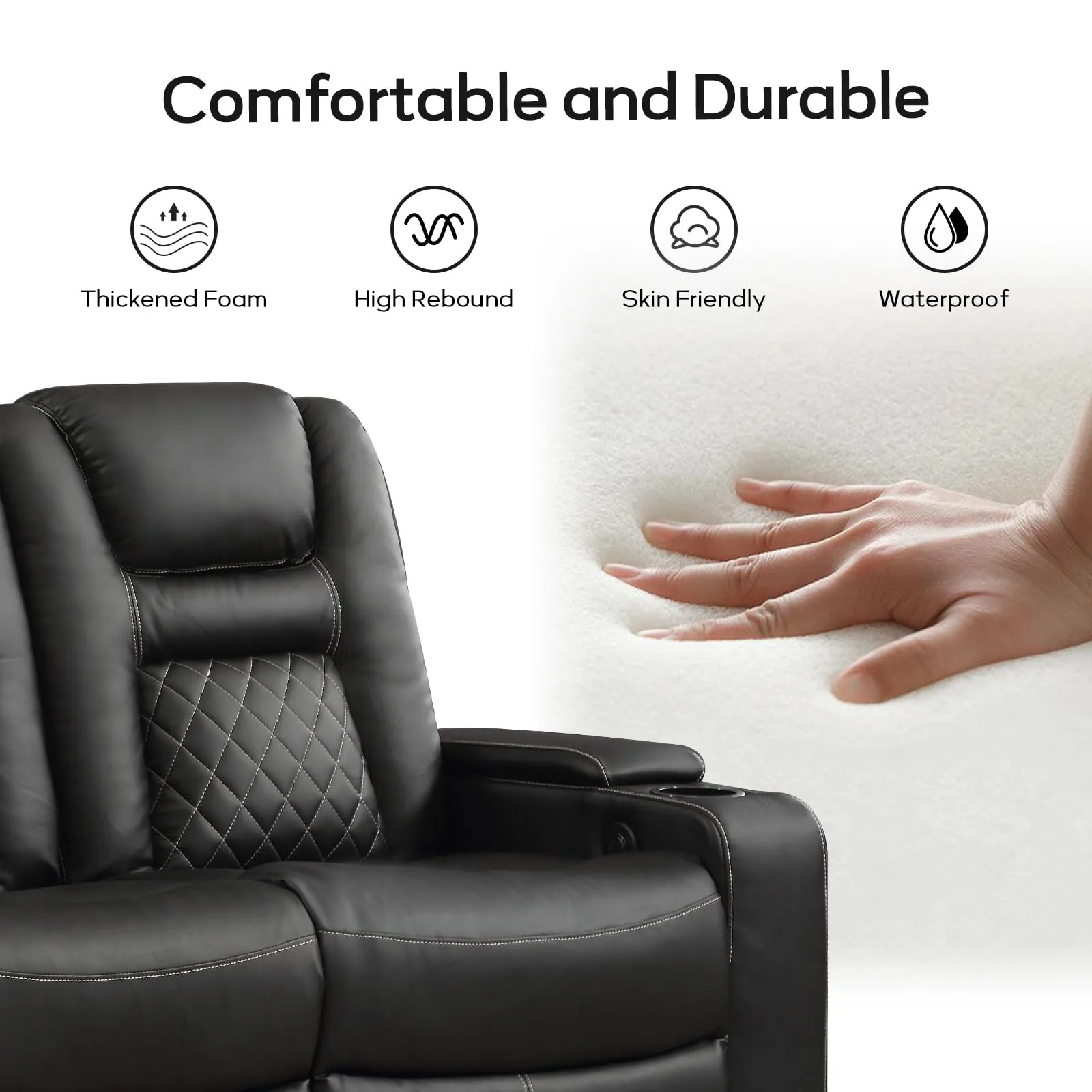 EBELLO Home Theater Seats, Faux Leather Movie 3 Seat Recliner Sofa with Hidden Arm Storage, Power Gaming Reclining Sofa with USB Charge and Cup Holders