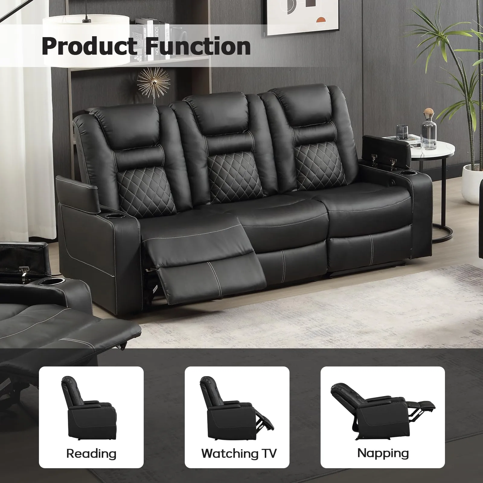 EBELLO Home Theater Seats, Faux Leather Movie 3 Seat Recliner Sofa with Hidden Arm Storage, Power Gaming Reclining Sofa with USB Charge and Cup Holders