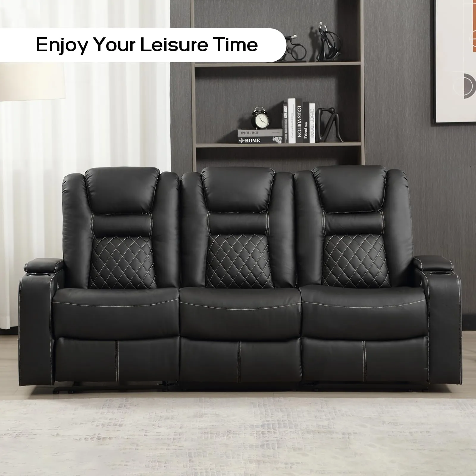 EBELLO Home Theater Seats, Faux Leather Movie 3 Seat Recliner Sofa with Hidden Arm Storage, Power Gaming Reclining Sofa with USB Charge and Cup Holders