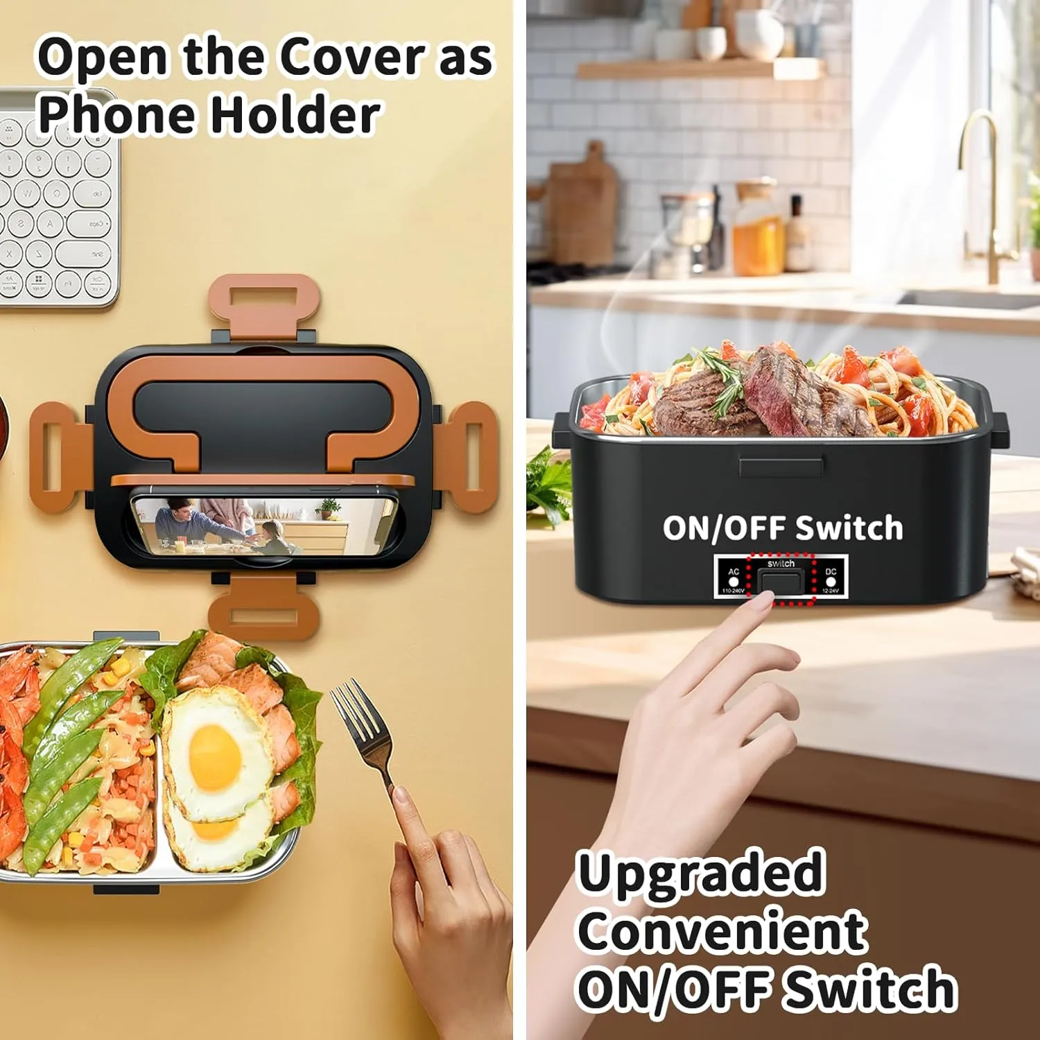 Electric Heated Lunch Box for Adults, 100W 3-IN-1 1.8L Heating Lunch Box for Men Portable with 2 Pack 1.8L Containers & Double Layer, Fast Heating Food Warmer ,12V/24V/110V for Car Truck Office Home