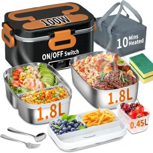 Electric Heated Lunch Box for Adults, 100W 3-IN-1 1.8L Heating Lunch Box for Men Portable with 2 Pack 1.8L Containers & Double Layer, Fast Heating Food Warmer ,12V/24V/110V for Car Truck Office Home