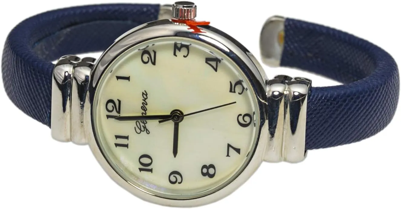 Elegant Analog Quartz Saffiano 31mm Alloy Case Leather Cuff Bangle Watch for Women