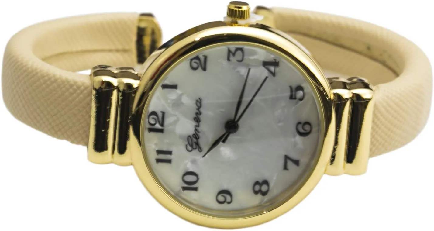 Elegant Analog Quartz Saffiano 31mm Alloy Case Leather Cuff Bangle Watch for Women