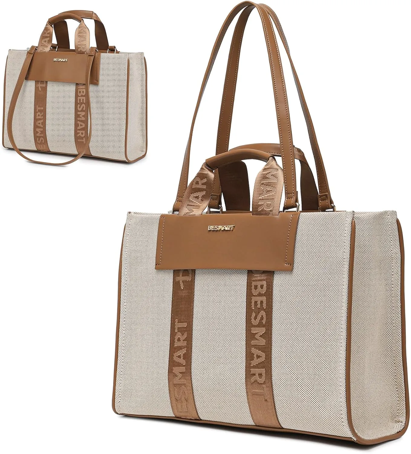 Elegant Canvas Pu Laptop Tote Bag, Large Capacity Tote Handbags for Women, High-Grade Sense Business Handbag Work Briefcase for white-collar worker commuter, Beige/Brown