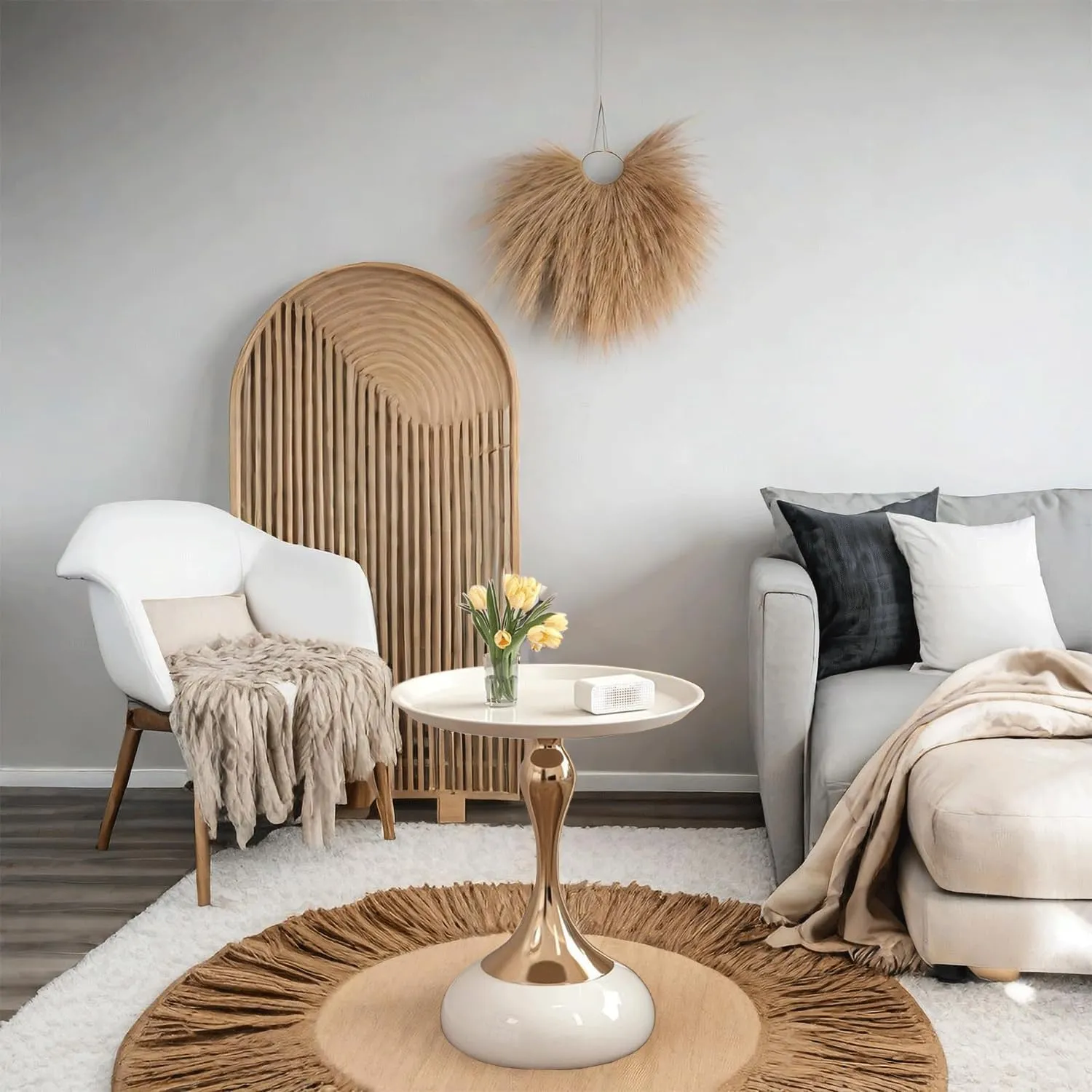 Elegant Modern Side Table - Featuring a Unique Hourglass Design, Ideal for use in Living Rooms, cafes, Dining Rooms, bedrooms, and Outdoors - a Fashionable Decoration (1, Off White)