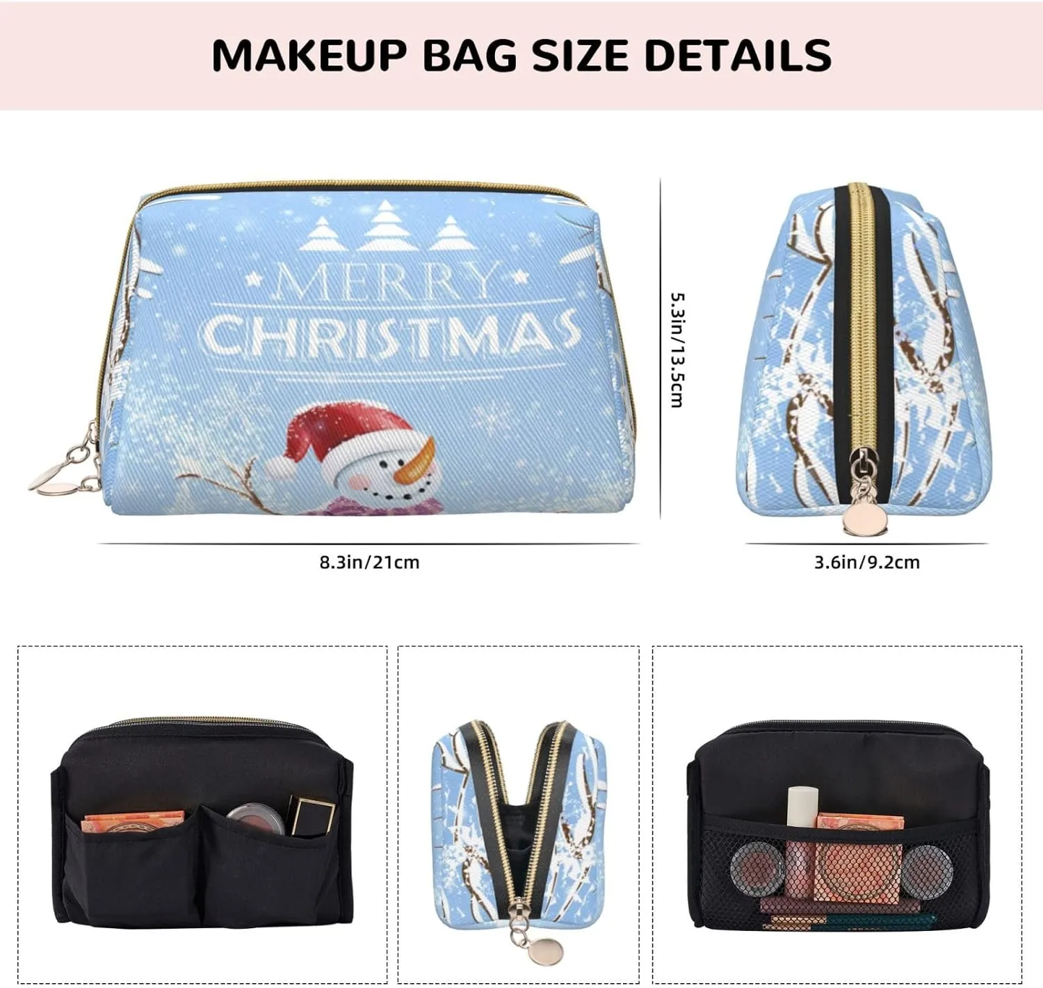 Elephant Waterproof leather cosmetic bag,Continued Print Heart Shapes,large capacity and easy to care for carefor storing cosmetics, toiletries, makeup brushes,Blue Blue Grey