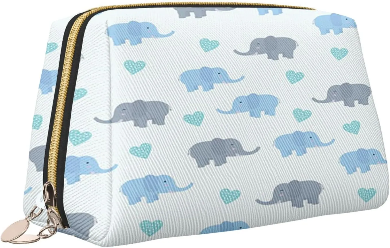 Elephant Waterproof leather cosmetic bag,Continued Print Heart Shapes,large capacity and easy to care for carefor storing cosmetics, toiletries, makeup brushes,Blue Blue Grey