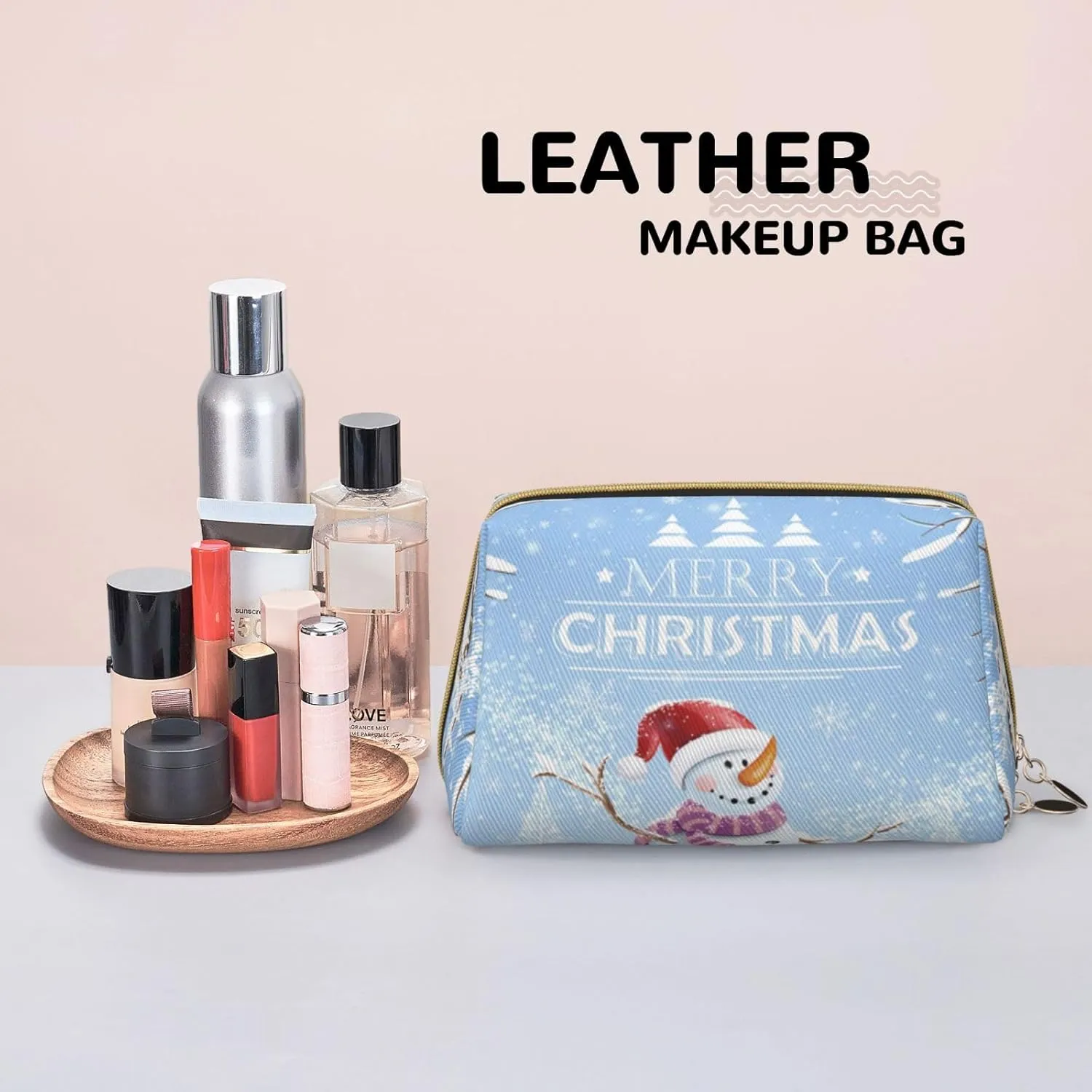 Elephant Waterproof leather cosmetic bag,Continued Print Heart Shapes,large capacity and easy to care for carefor storing cosmetics, toiletries, makeup brushes,Blue Blue Grey