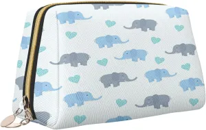 Elephant Waterproof leather cosmetic bag,Continued Print Heart Shapes,large capacity and easy to care for carefor storing cosmetics, toiletries, makeup brushes,Blue Blue Grey