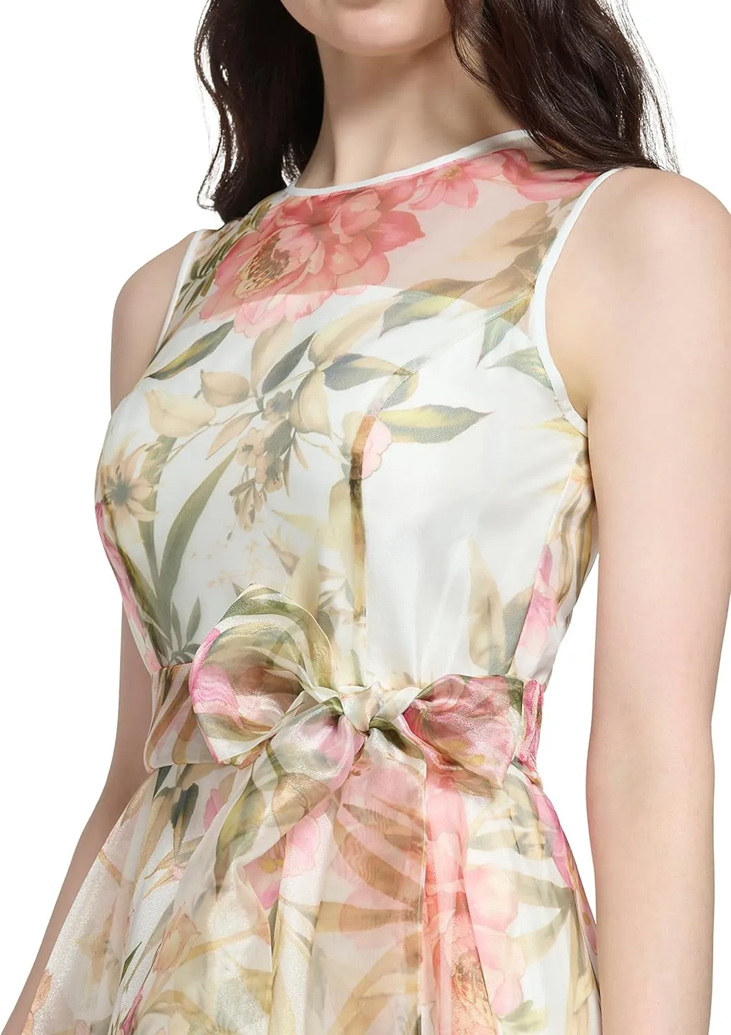 Eliza J Women's Gown Style Floral Organza Sleeveless Jewel Neck Dress