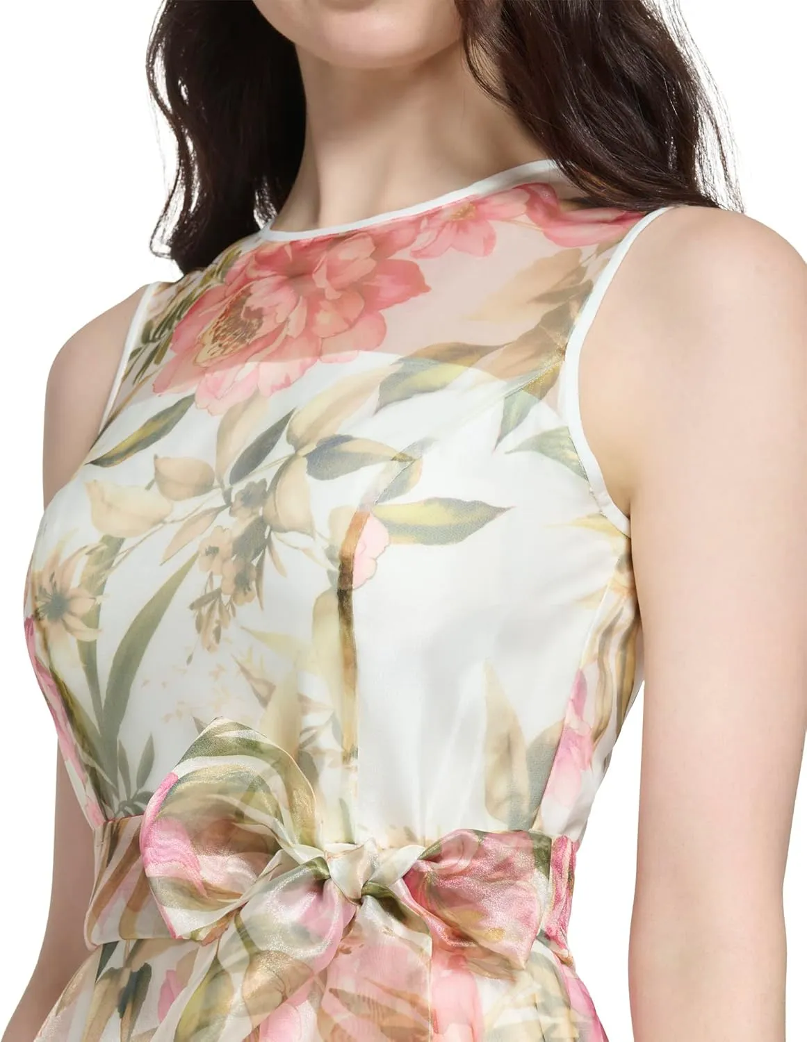 Eliza J Women's Gown Style Floral Organza Sleeveless Jewel Neck Dress