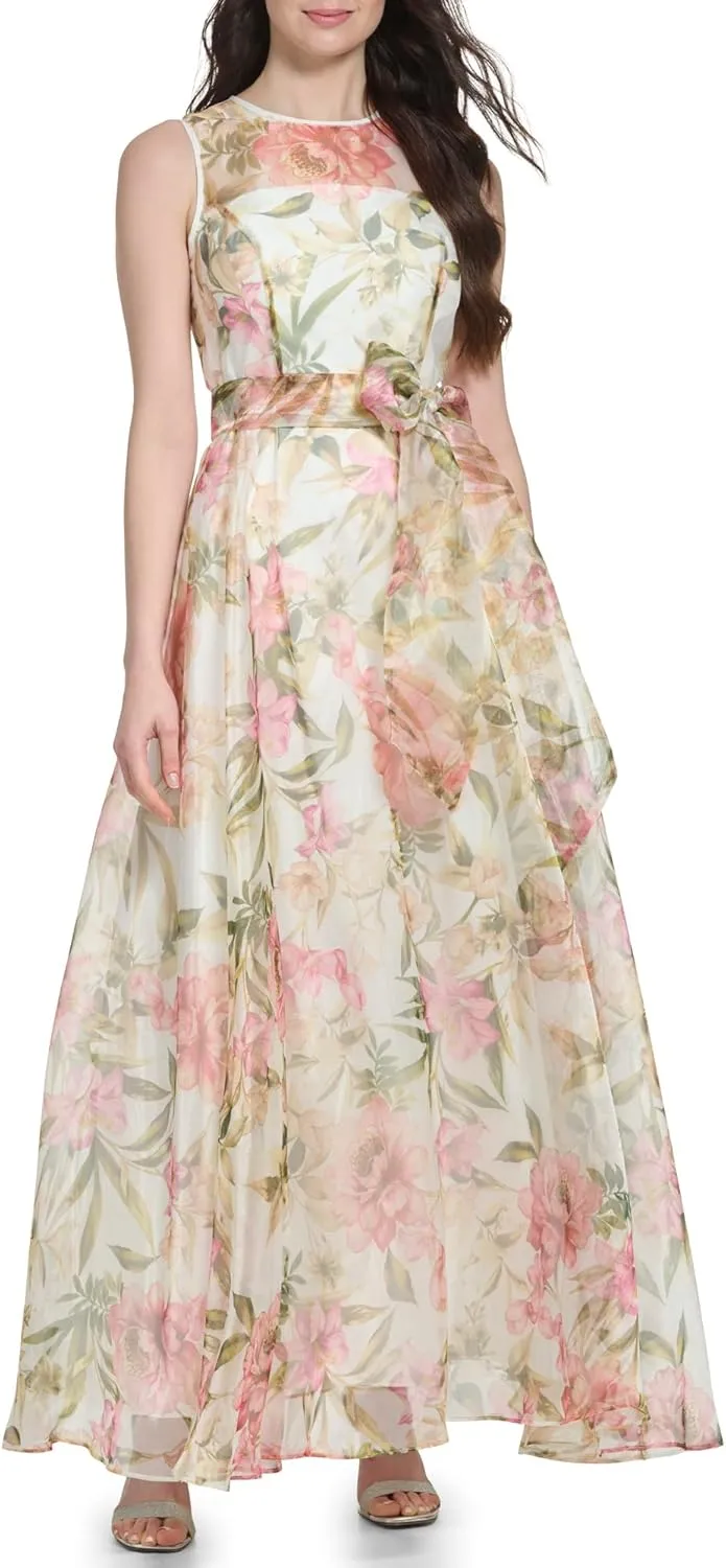 Eliza J Women's Gown Style Floral Organza Sleeveless Jewel Neck Dress
