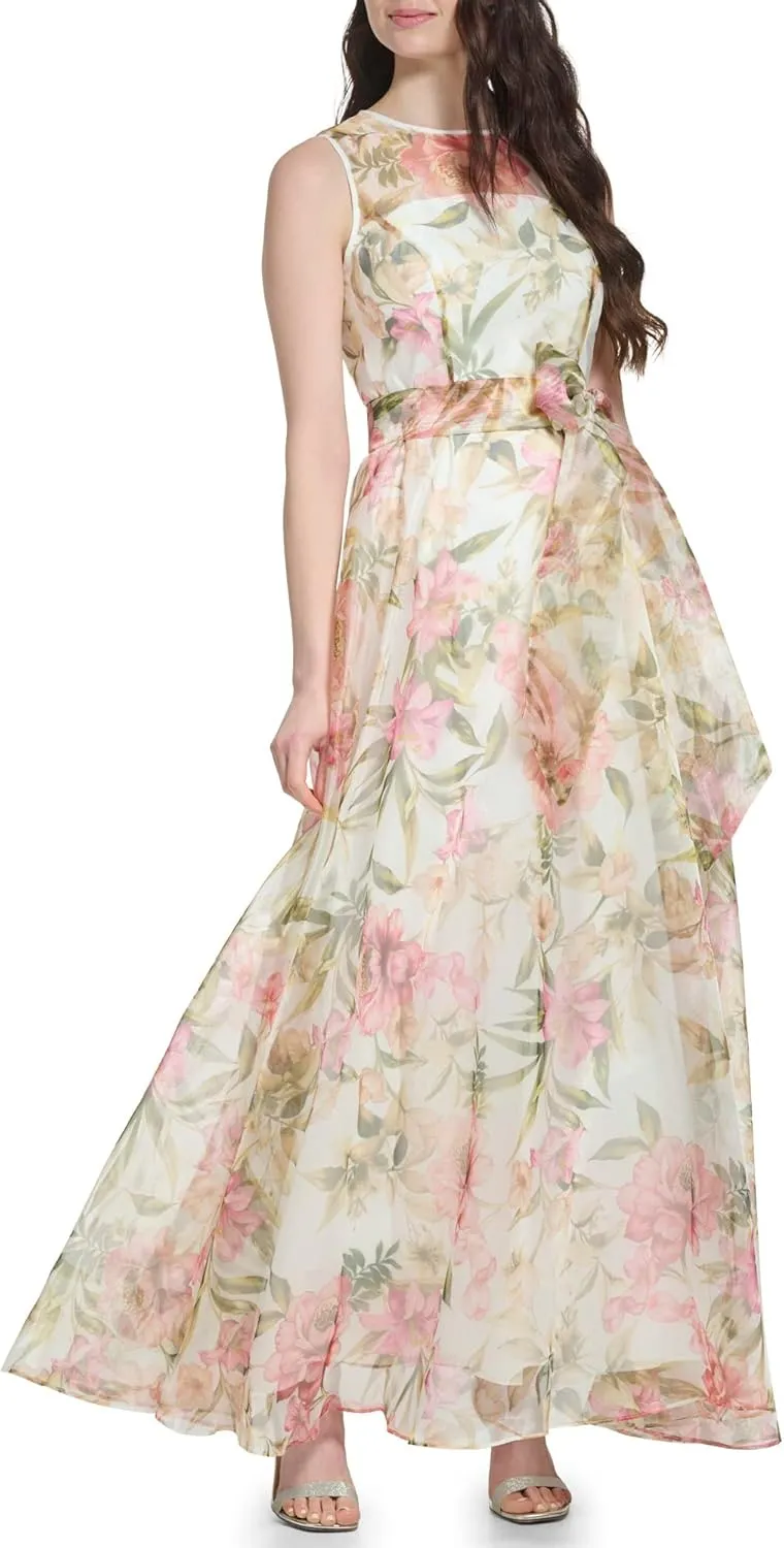 Eliza J Women's Gown Style Floral Organza Sleeveless Jewel Neck Dress
