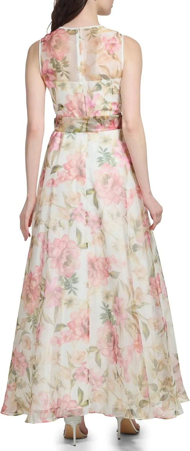 Eliza J Women's Gown Style Floral Organza Sleeveless Jewel Neck Dress