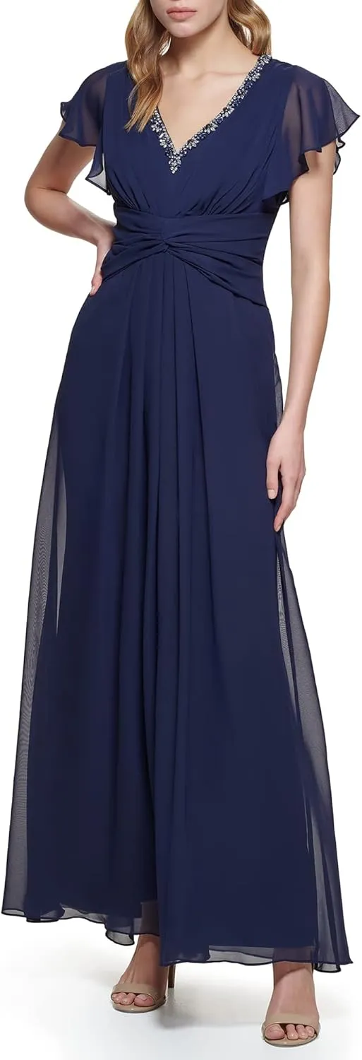 Eliza J Women's Gown Style Twist Waist Chiffon Flutter Sleeve Beaded Vneck Dress