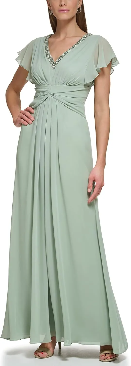 Eliza J Women's Gown Style Twist Waist Chiffon Flutter Sleeve Beaded Vneck Dress